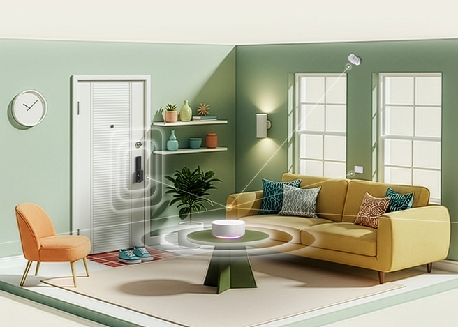 LG AI Home 제품이 집안의 가전과 조명을 연결해 스마트하게 제어하는 거실이 보입니다