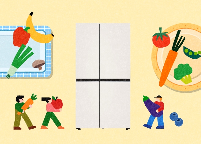 중앙 LG 디오스 AI 오브제컬렉션 냉장고 (매직스페이스)와 주변의 채소·음식·사람 일러스트가 어우러진 밝은 디자인