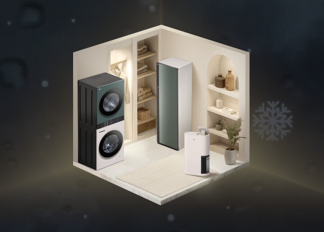 워시타워, 스타일러, 제습기가 배치된 미니멀한 세탁실 인테리어 공간 이미지. 어두운 배경에 눈송이 패턴이 흩어져 있으며, 겨울철 실내 습기 관리와 의류 케어를 강조하는 장면.