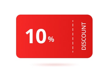 라이브 한정 혜택 카드. 빨간 카드형 쿠폰 형태, ‘10% DISCOUNT’ 표시.