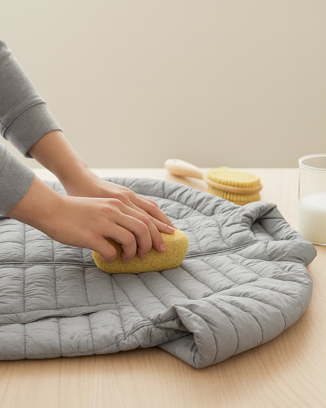 노란 스폰지로 회색 경량 패딩을 부드럽게 손질하고 있는 모습