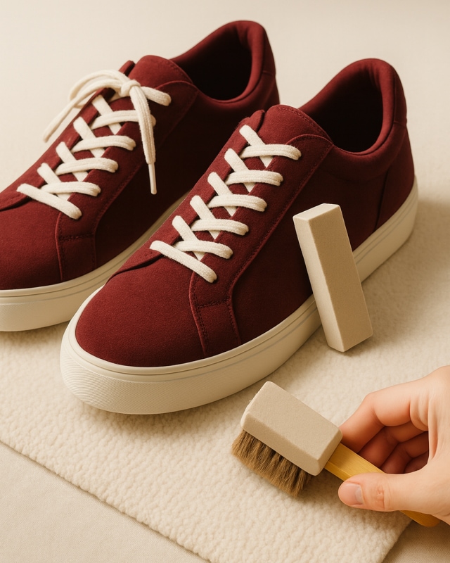 버건디 색 스웨이드 운동화와 지우개, 브러시를 이용한 신발 관리 모습