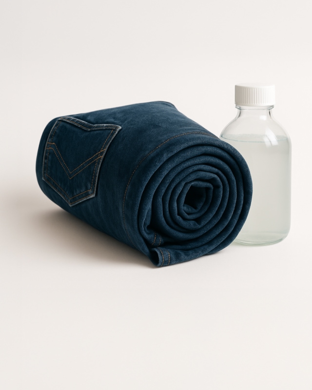 둥글게 말아놓은 진한 색 청바지와 그 옆에 놓인 투명한 액체 병