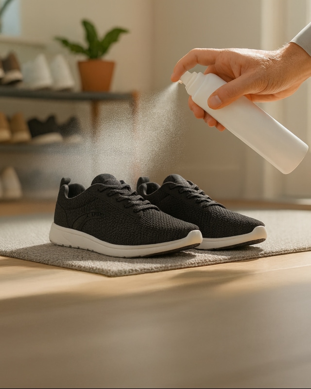 현관 매트 위 검은색 운동화에 신발용 관리 스프레이를 뿌리는 모습