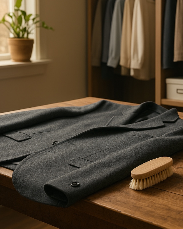 나무 테이블 위에 펼쳐진 짙은 회색 울 재킷과 의류용 브러시(옷솔)