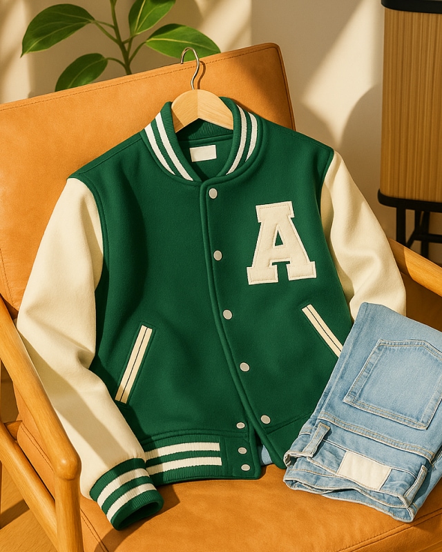 갈색 가죽 의자 위에 놓인 초록색 바시티 재킷과 연청바지