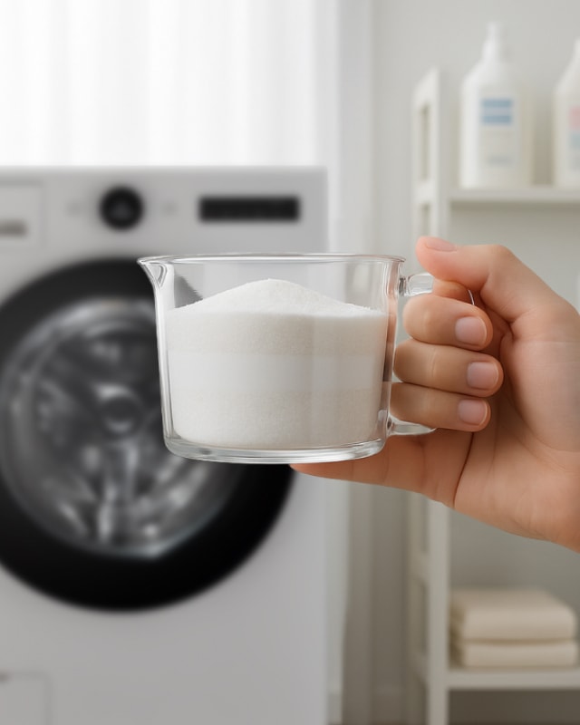 드럼 세탁기 앞에서 가루 세제가 담긴 투명 계량컵을 들고 있는 손