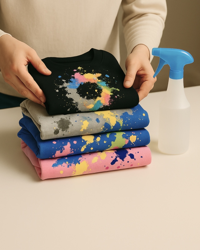 형형색색의 그래픽 티셔츠가 개어져 있고 옆에 섬유 스프레이가 놓인 모습