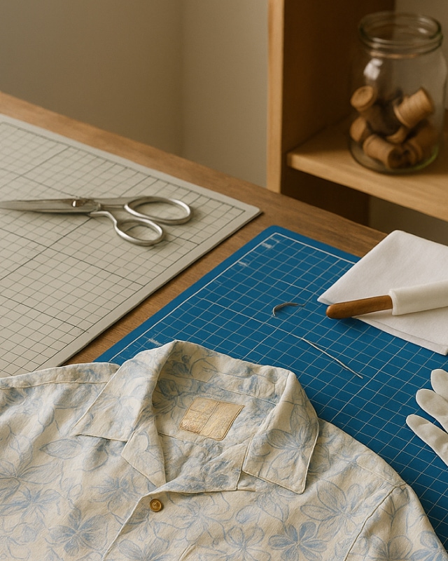 재단 매트 위에 놓인 꽃무늬 셔츠와 가위, 바느질 도구들