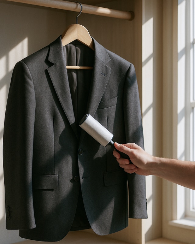 옷걸이에 걸린 정장 재킷의 먼지를 린트 롤러(돌돌이)로 제거하는 모습