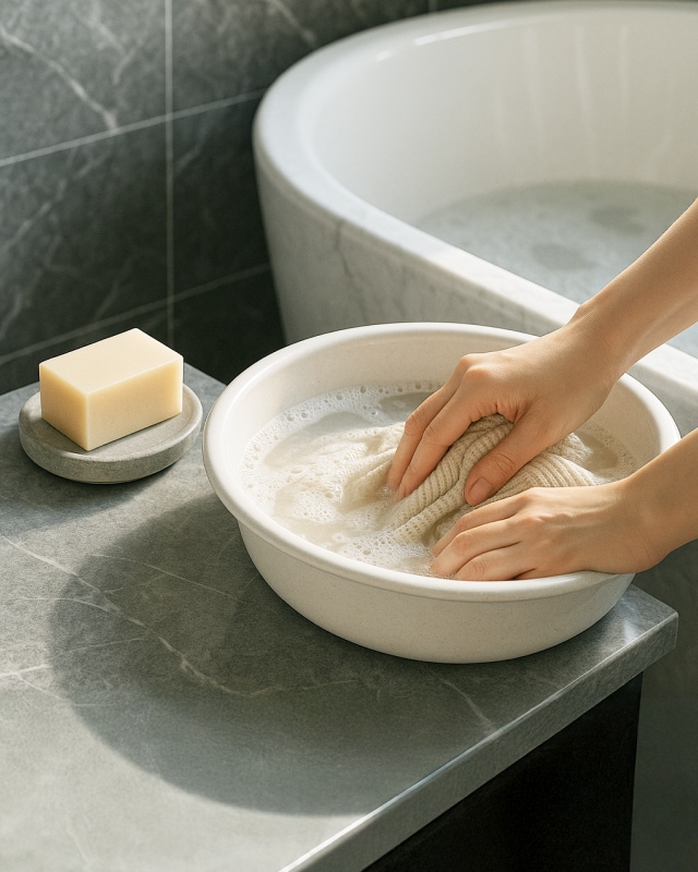 거품이 난 대야에서 니트를 손빨래하는 모습