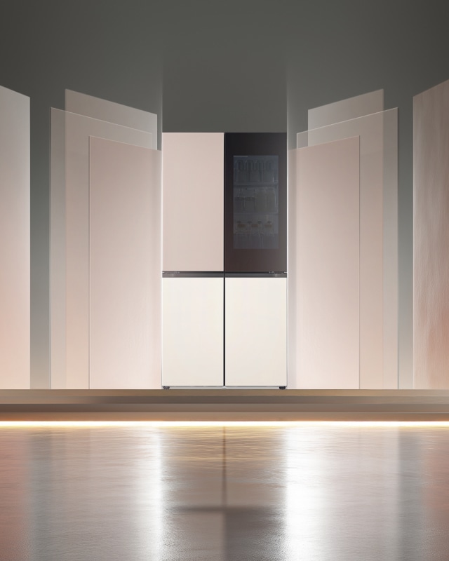 가전미학’ 문구와 함께 LG 오브제컬렉션 스타일의 냉장고가 중앙에 배치된 이미지. 세련된 조명 아래 부드러운 베이지 톤 패널이 열리며 가전의 디자인 미학을 강조