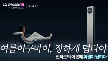 소파에 누워 있는 남성과 휘센 타워에어컨, ‘여름이구마이, 징하게 덥다야’ 문구와 ‘전라도의 여름에 휘센이 답하다’ 문구.