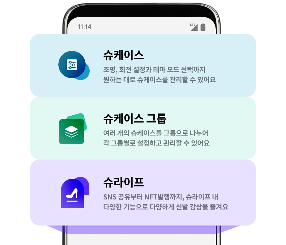 스마트폰 화면 일부가 보이며, 세 가지 기능에 대한 설명이 포함되어 있습니다. 첫 번째 기능은 슈케이스로, 조명, 회전 설정과 테마 모드 선택까지 원하는 대로 슈케이스를 관리할 수 있다는 설명이 있습니다. 두 번째 기능은 슈케이스 그룹으로, 여러 개의 슈케이스를 그룹으로 나누어 각 그룹별로 설정하고 관리할 수 있다는 내용입니다. 세 번째 기능은 슈라이프로, SNS 공유부터 NFT 발행까지, 슈라이프 내 다양한 기능으로 신발 감상을 즐길 수 있다는 설명이 포함되어 있습니다. 각 기능 설명 옆에는 관련 아이콘이 함께 배치되어 있습니다.