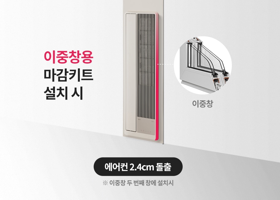 이중창용 마감키트 설치 시 에어컨 돌출량을 보여주는 이미지. 이중창 두 번째 창에 설치 시 에어컨 2.4cm 돌출됨을 설명하는 이미지