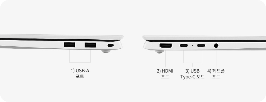 노트북 측면에 위치한 다양한 포트를 보여주는 이미지입니다. 왼쪽부터 USB-A 포트. 헤드폰 포트, USB-C 포트. HDMI 포트 순으로 배치되어 있습니다. 각 포트의 위치와 기능을 쉽게 확인할 수 있습니다