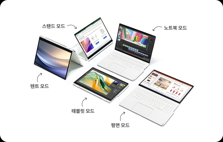 한_대의_노트북이_스탠드,_텐트,_태블릿,_노트북,_평면_등_다섯_가지_모드로_변형되는_모습을_보여주는_이미지입니다.