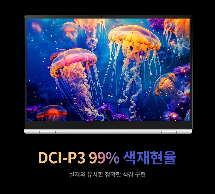 DCI-P3 99% 색재현율을 지원하는 노트북 화면에 아름다운 해파리가 표현되어 있습니다. 실제와 가까운 생생한 색감을 구현합니다.