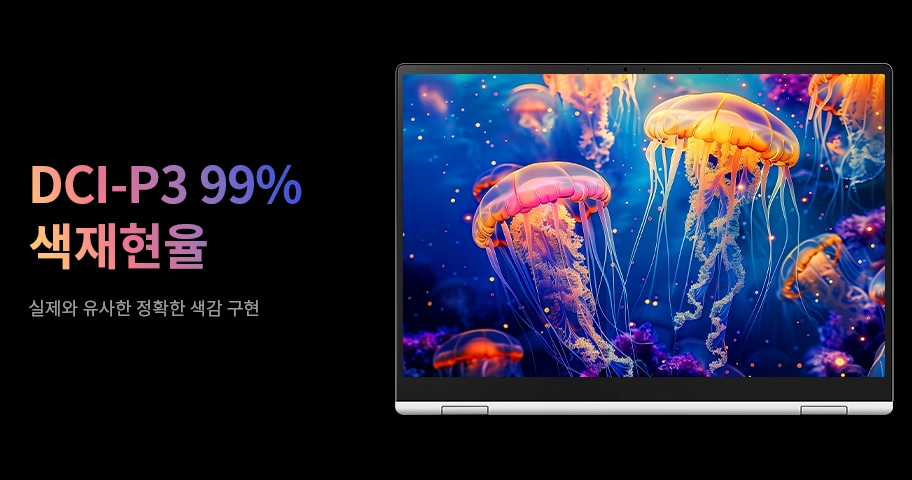 DCI-P3 99% 색재현율을 지원하는 노트북 화면에 아름다운 해파리가 표현되어 있습니다. 실제와 가까운 생생한 색감을 구현합니다.