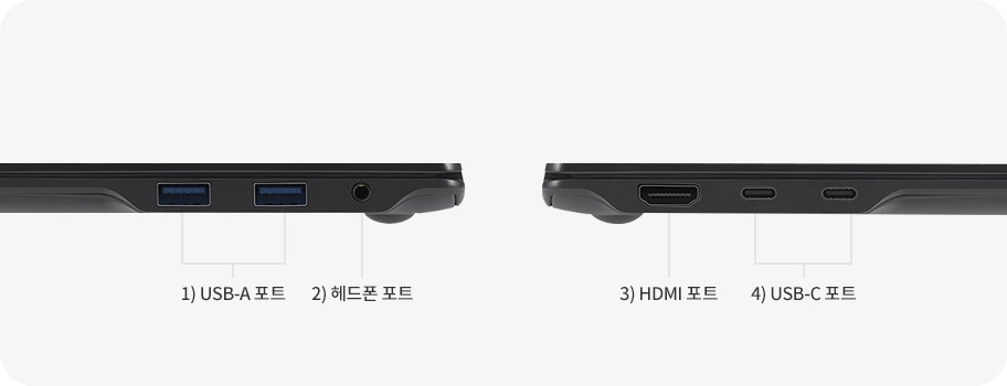 노트북 측면에 위치한 다양한 포트를 보여주는 이미지입니다. 왼쪽부터 USB-A 포트, 헤드폰 포트, HDMI 포트, USB-C 포트 순으로 배치되어 있습니다. 각 포트의 위치와 기능을 쉽게 확인할 수 있습니다