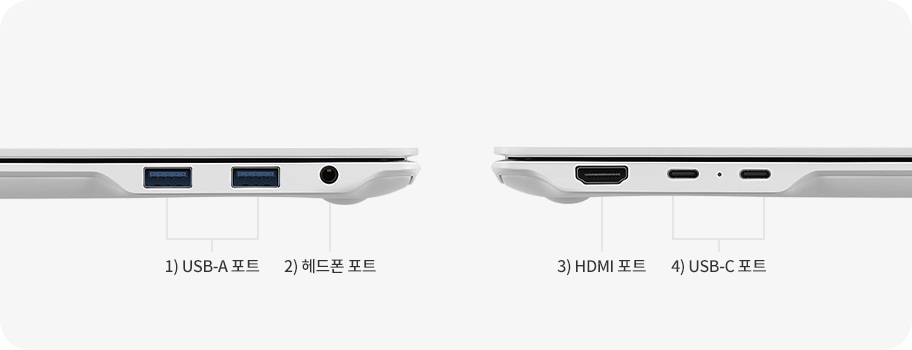 노트북 측면에 위치한 다양한 포트를 보여주는 이미지입니다. 왼쪽부터 USB-C 포트, HDMI 포트, 헤드폰 포트, USB-A 포트 순으로 배치되어 있습니다. 각 포트의 위치와 기능을 쉽게 확인할 수 있습니다
