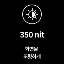 검은 배경에 흰색으로 태양 아이콘이 그려져 있으며, 그 아래에 350 nit라는 텍스트가 있습니다. 그 아래에는 화면을 또렷하게라는 문구가 적혀 있습니다.