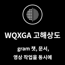 이미지에는 원 안에 격자 무늬가 있는 아이콘이 상단에 위치하고 있으며, 그 아래에 WQXGA 고해상도라는 문구가 있습니다. 그 아래에는 gram 챗, 문서, 영상 작업을 동시에라는 문구가 적혀 있습니다. 