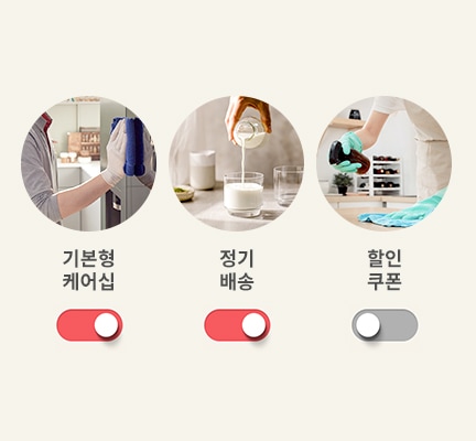 기본형 케어십, 정기배송, 할인쿠폰 등 서비스 선택이 가능하며, 할인쿠폰 적용은 불가능하다는 이미지 입니다.