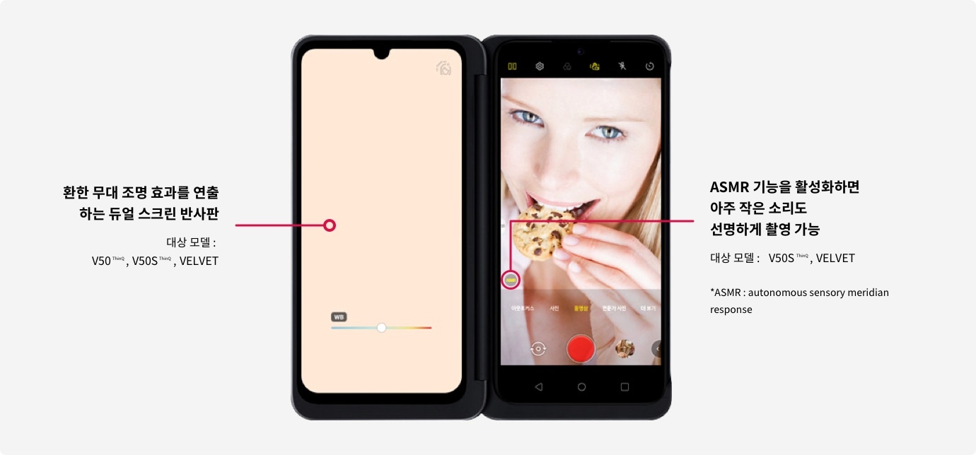 환한 무대 조명 효과를 연출하는 듀얼 스크린 반사판, 대상모델:V50ThinQ, V50SThinQ, VELVET / ASMR 기능을 활성화하면 아주 작은 소리도 선명하게 촬영가능, 대상모델:V50SThinQ, VELVET / *ASMR:automous sensory meridian response