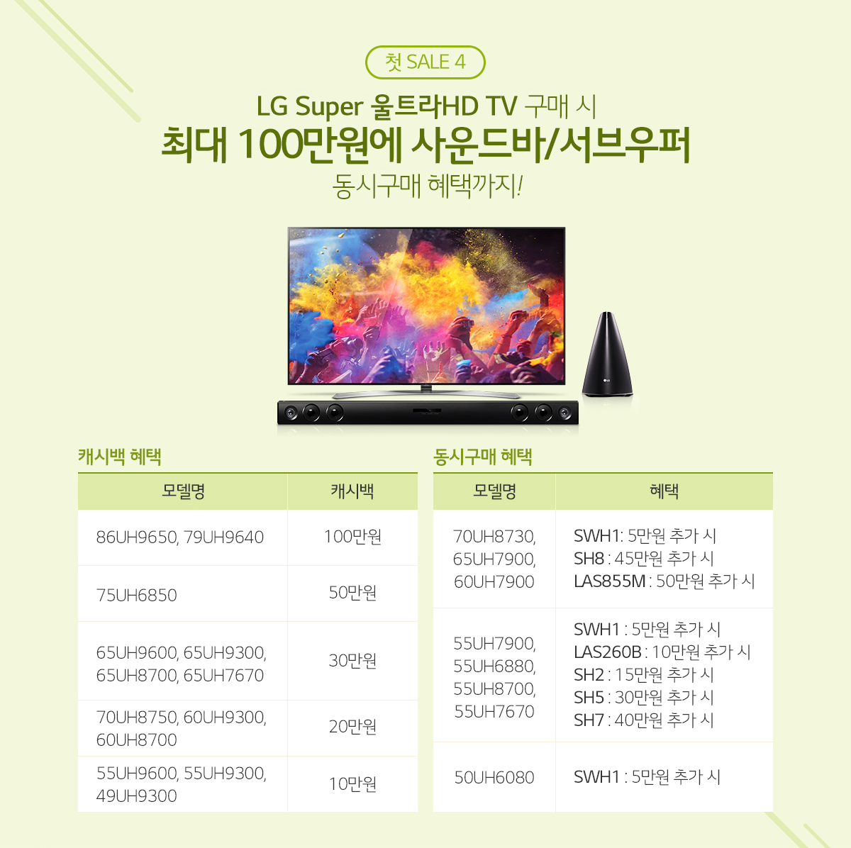 ù SALE 4. LG Super ¿ïÆ®¶óHD TV ±¸¸Å ½Ã ÃÖ´ë 100¸¸¿ø¿¡ »ç¿îµå¹Ù/¼ºê¿ìÆÛ µ¿½Ã±¸¸Å ÇýÅñîÁö!