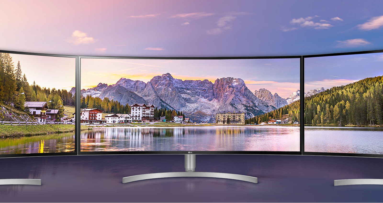 LG ¸ð´ÏÅÍ Á¦Ç°À̹ÌÁö, ¿ÍÀ̵åÇÑ ¸ð´ÏÅͰ¡ °¡·Î·Î 3´ë ¿¬°áµÈ ¸ð½ÀÀ¸·Î, ´º¿åÀÇ ¾ß°æÀ» ±¤È°ÇÏ°Ô º¸¿©ÁÖ°íÀÖ½À´Ï´Ù.