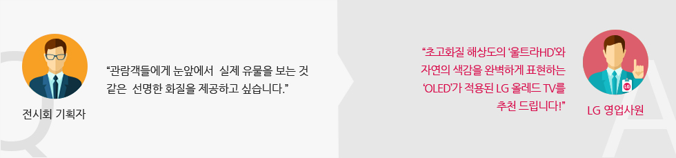 전시회 기획자 : 관람객들에게 눈앞에서 실제 유물을 보는 것 같은 선명한 화질을 제공하고 싶습니다. LG 영업사원: 초고화질 해상도의 ‘울트라HD’와 자연의 색감을 완벽하게 표현하는 ‘OLED’가 적용된 LG 올레드 TV를 추천 드립니다! 