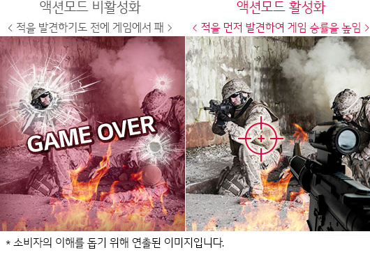 액션모드 비활성화 시 적을 발견하기도 전에 게임에서 패. 액션모드 활성화 시 적을 먼저 발견하여 게임 승률을 높임