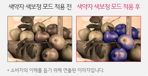 색약자 색보정 모드 적용 전과 색약자 색보정 모드 적용 후의 화면 비교